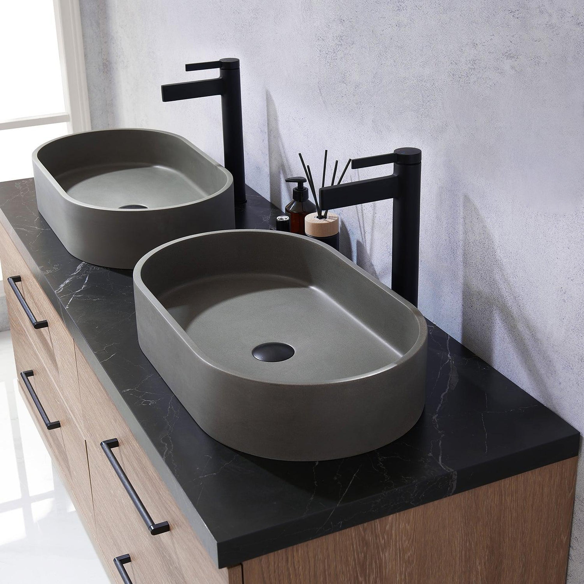 Vinnova Trento 60" Double Sink Bath Vanity In North American Oak With Black Sintered Stone Top With Oval Concrete Sink