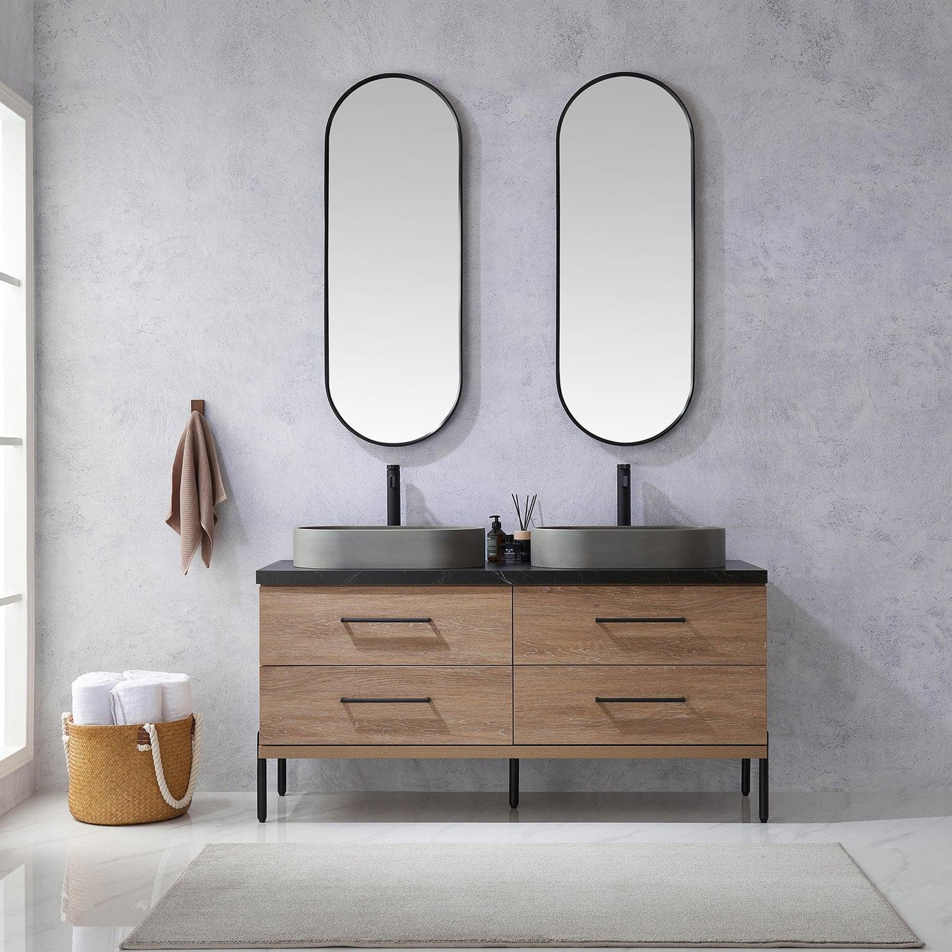 Vinnova Trento 60" Double Sink Bath Vanity In North American Oak With Black Sintered Stone Top With Oval Concrete Sink And Mirror