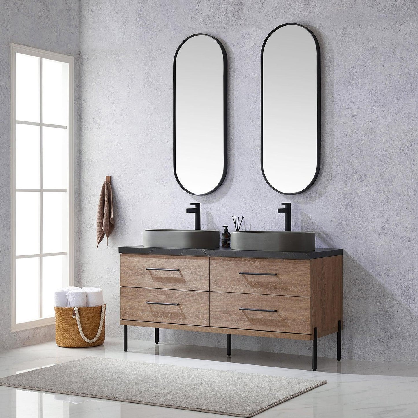 Vinnova Trento 60" Double Sink Bath Vanity In North American Oak With Black Sintered Stone Top With Oval Concrete Sink And Mirror