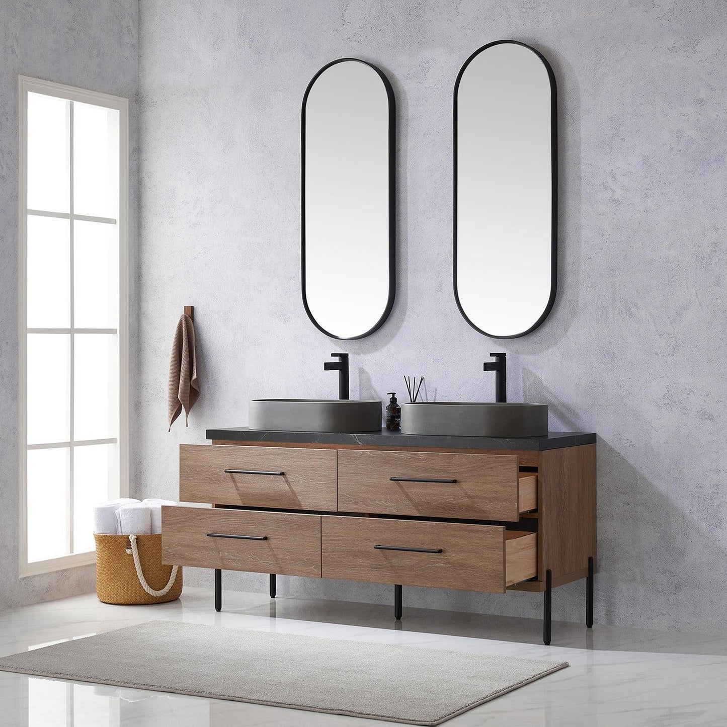 Vinnova Trento 60" Double Sink Bath Vanity In North American Oak With Black Sintered Stone Top With Oval Concrete Sink And Mirror