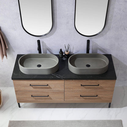 Vinnova Trento 60" Double Sink Bath Vanity In North American Oak With Black Sintered Stone Top With Oval Concrete Sink And Mirror