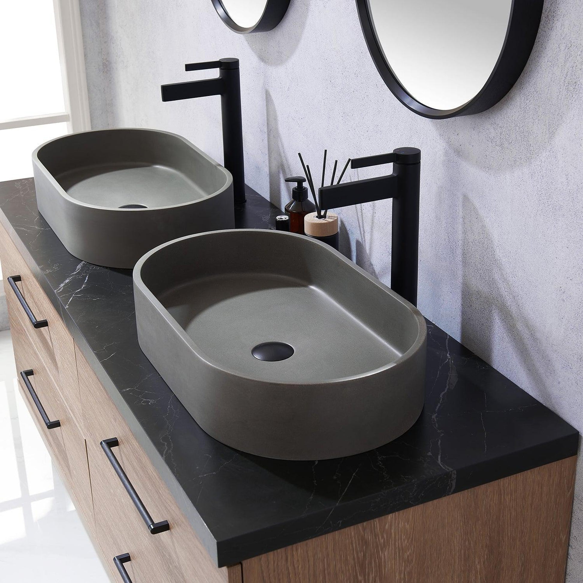 Vinnova Trento 60" Double Sink Bath Vanity In North American Oak With Black Sintered Stone Top With Oval Concrete Sink And Mirror