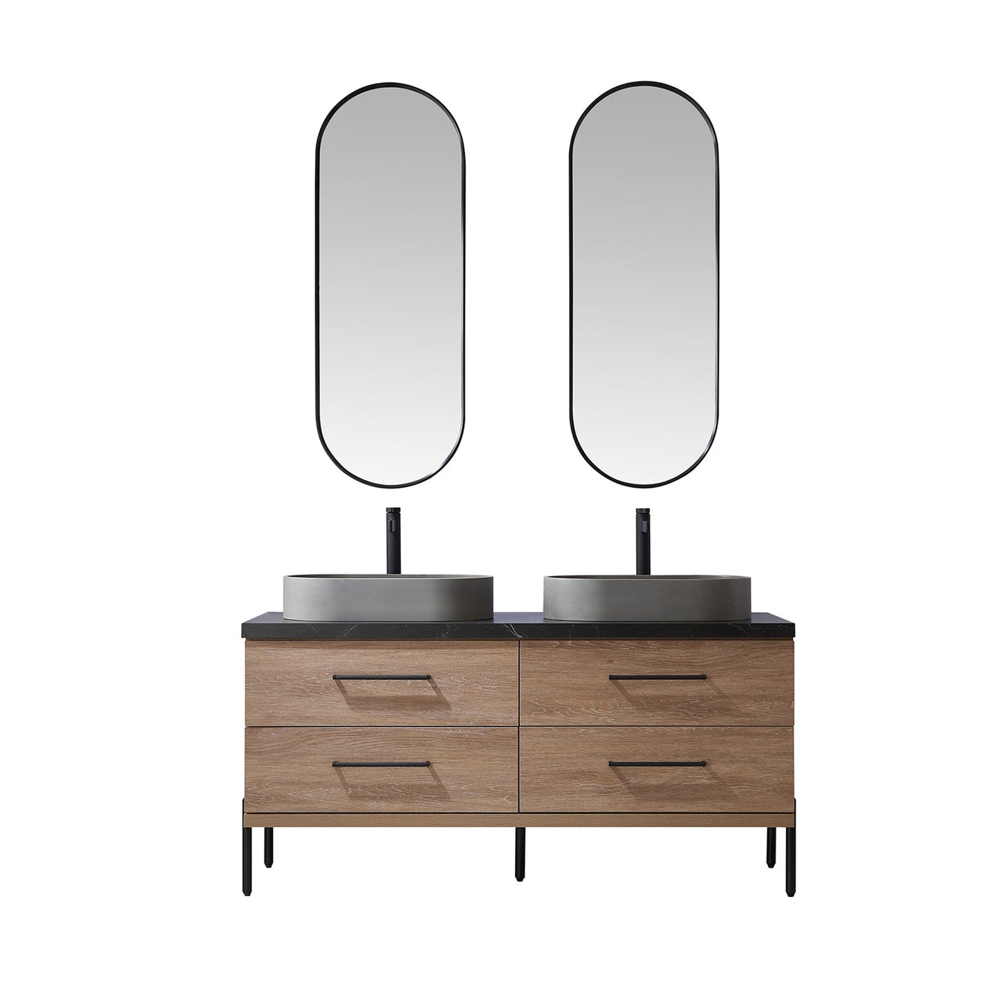 Vinnova Trento 60" Double Sink Bath Vanity In North American Oak With Black Sintered Stone Top With Oval Concrete Sink And Mirror