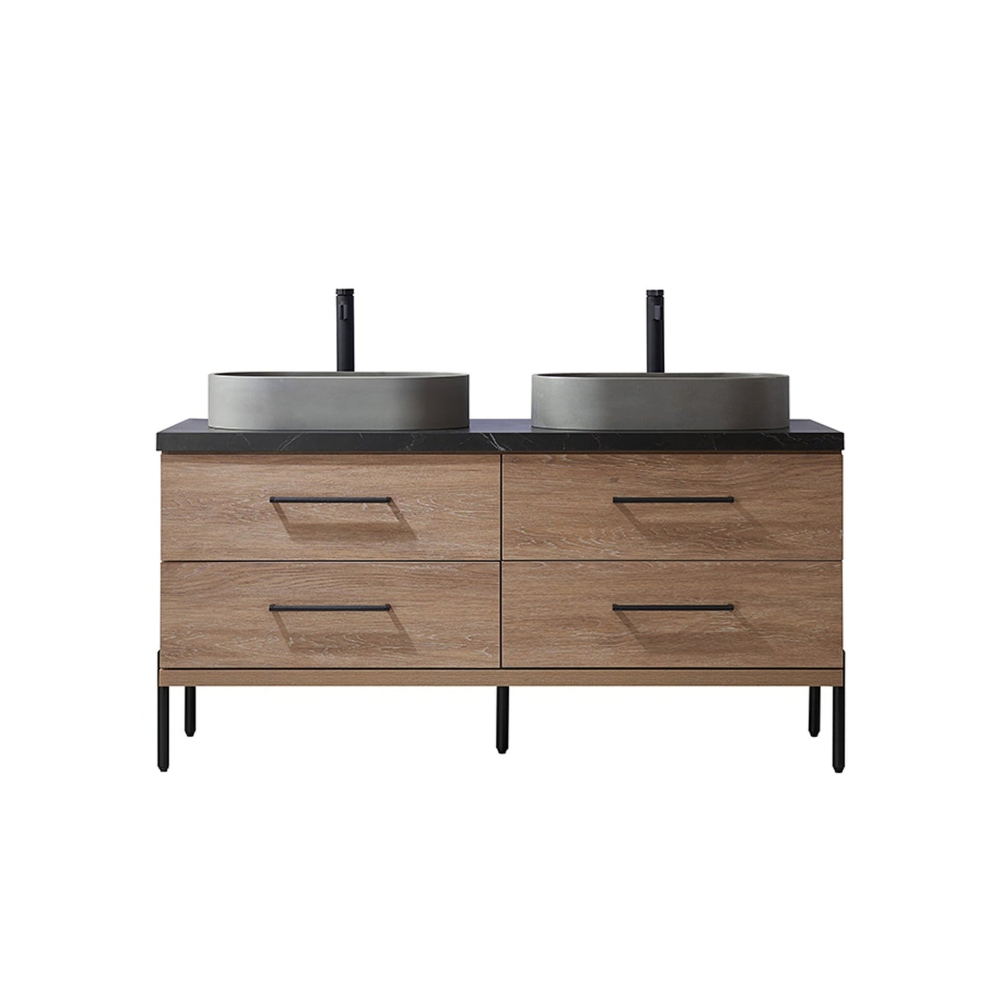 Vinnova Trento 60" Double Sink Bath Vanity In North American Oak With Black Sintered Stone Top With Oval Concrete Sink