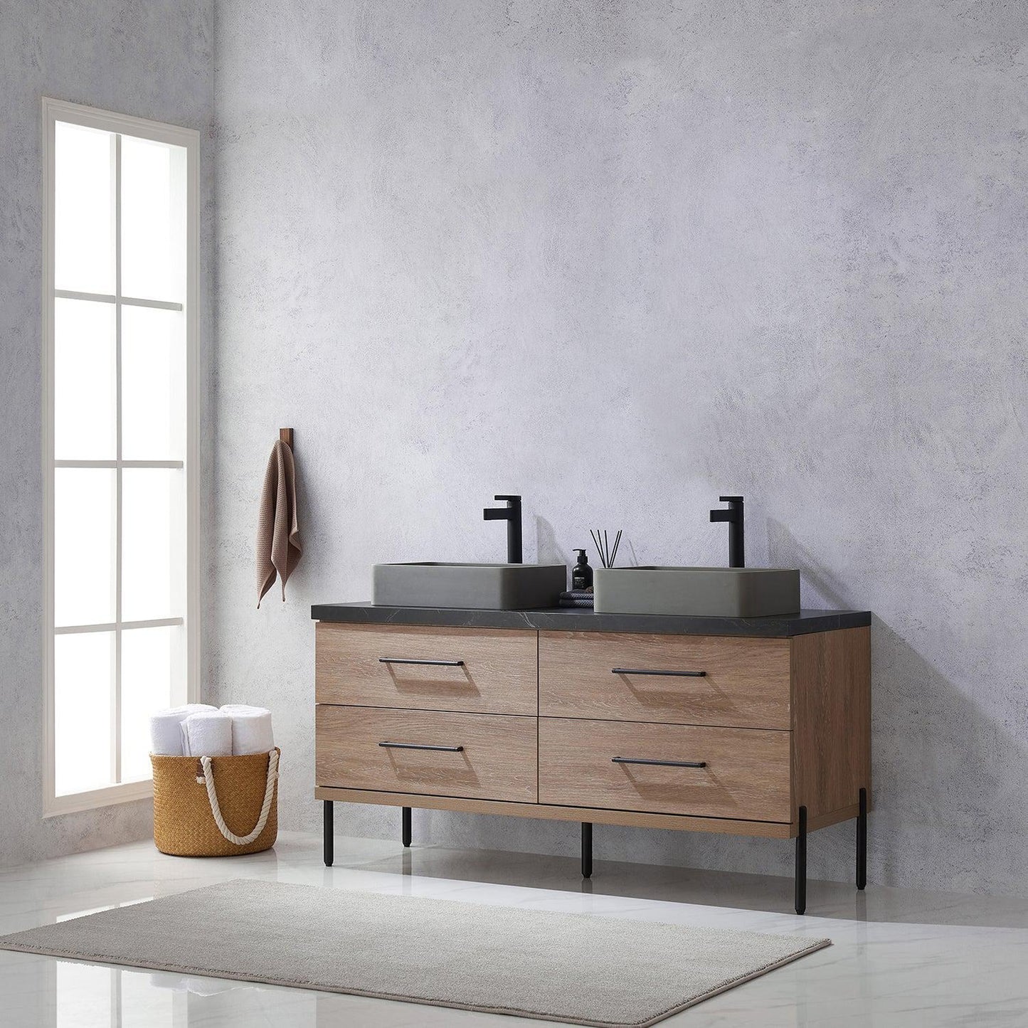 Vinnova Trento 60" Double Sink Bath Vanity In North American Oak With Black Sintered Stone Top With Rectangular Concrete Sink