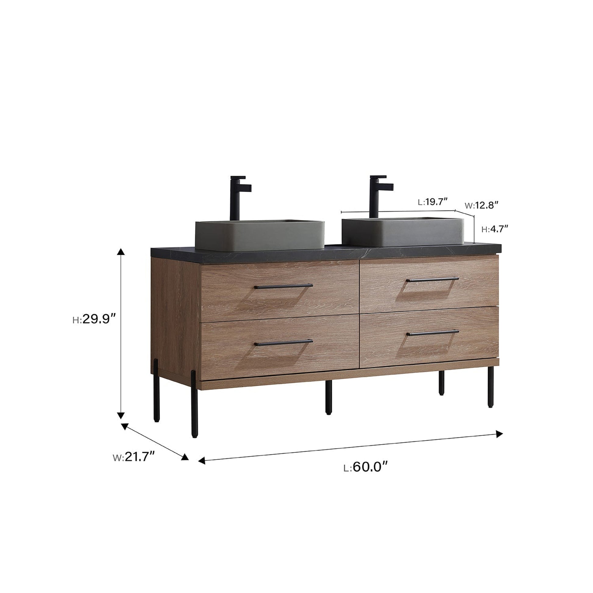 Vinnova Trento 60" Double Sink Bath Vanity In North American Oak With Black Sintered Stone Top With Rectangular Concrete Sink