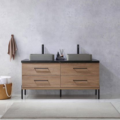 Vinnova Trento 60" Double Sink Bath Vanity In North American Oak With Black Sintered Stone Top With Rectangular Concrete Sink