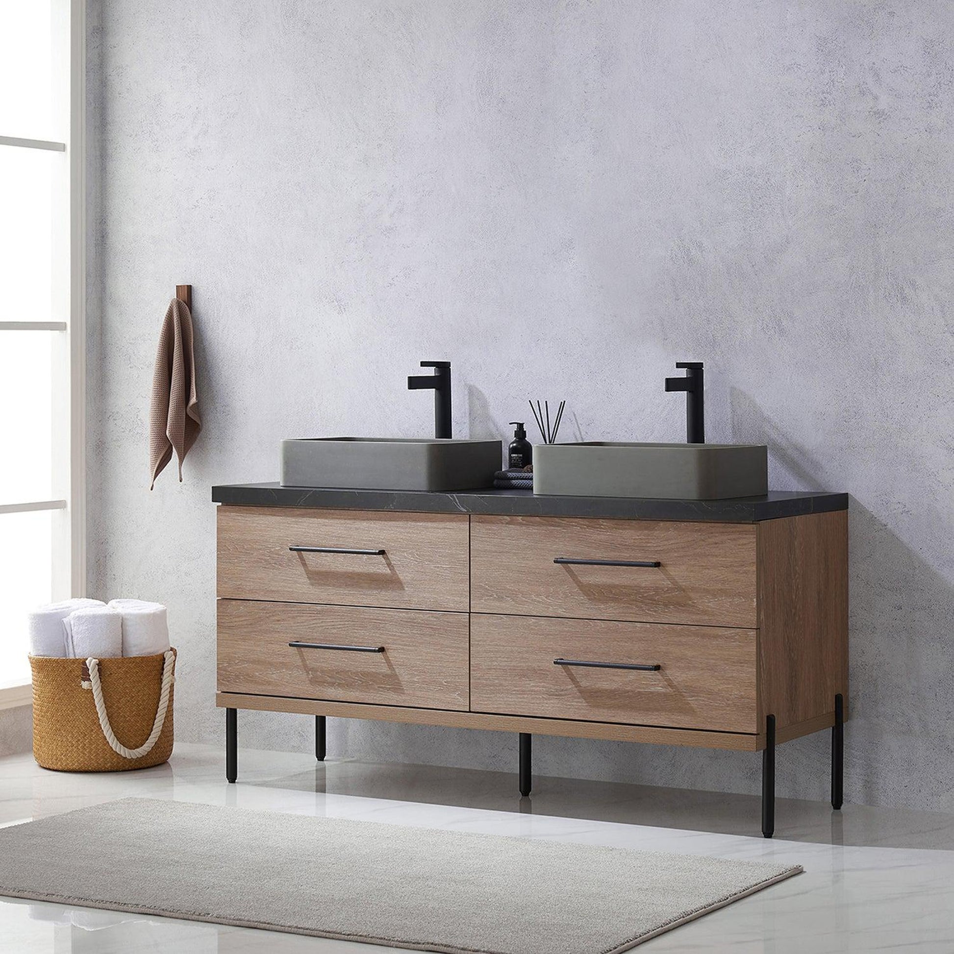 Vinnova Trento 60" Double Sink Bath Vanity In North American Oak With Black Sintered Stone Top With Rectangular Concrete Sink