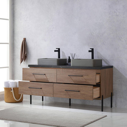 Vinnova Trento 60" Double Sink Bath Vanity In North American Oak With Black Sintered Stone Top With Rectangular Concrete Sink