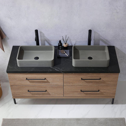 Vinnova Trento 60" Double Sink Bath Vanity In North American Oak With Black Sintered Stone Top With Rectangular Concrete Sink