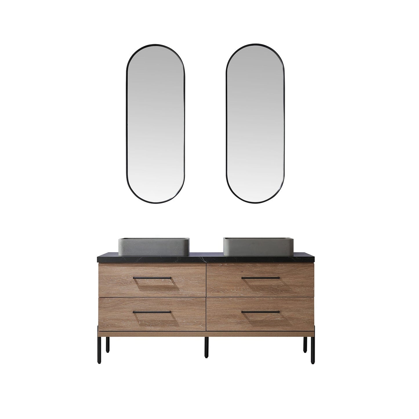 Vinnova Trento 60" Double Sink Bath Vanity In North American Oak With Black Sintered Stone Top With Rectangular Concrete Sink And Mirror