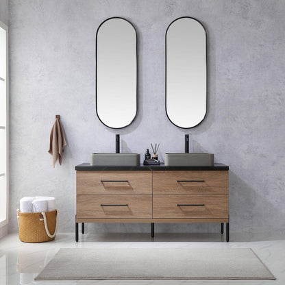 Vinnova Trento 60" Double Sink Bath Vanity In North American Oak With Black Sintered Stone Top With Rectangular Concrete Sink And Mirror