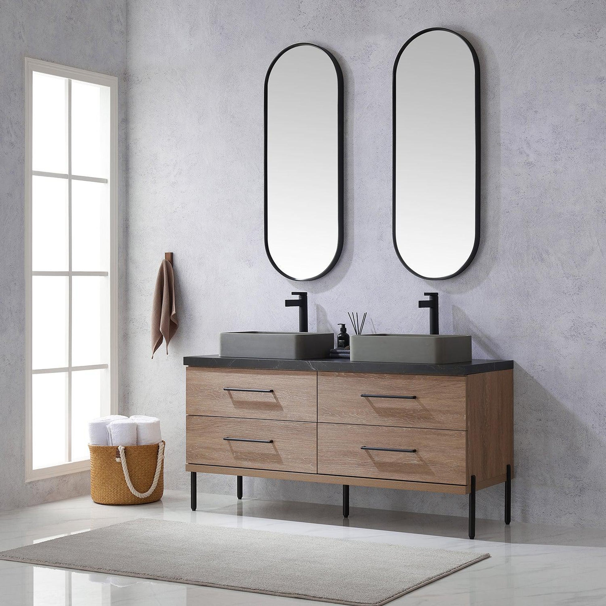 Vinnova Trento 60" Double Sink Bath Vanity In North American Oak With Black Sintered Stone Top With Rectangular Concrete Sink And Mirror