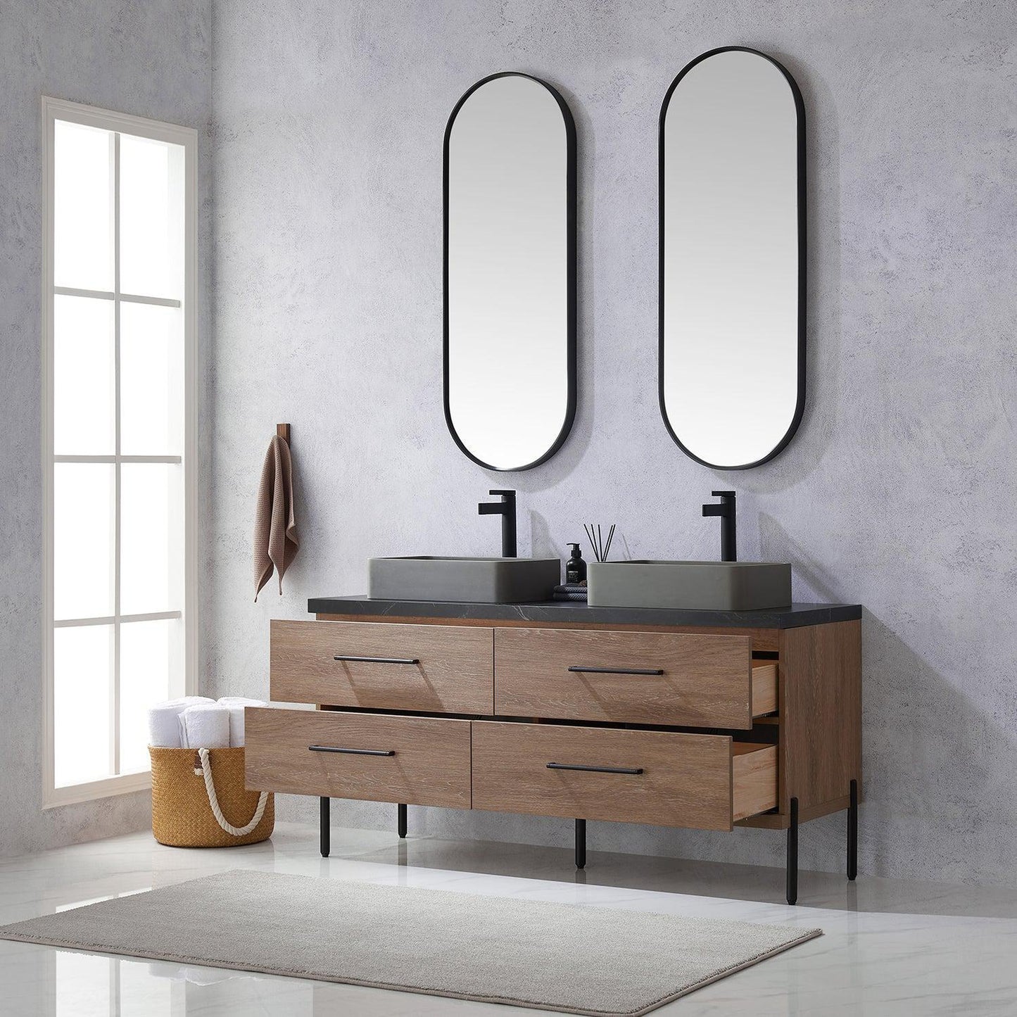 Vinnova Trento 60" Double Sink Bath Vanity In North American Oak With Black Sintered Stone Top With Rectangular Concrete Sink And Mirror