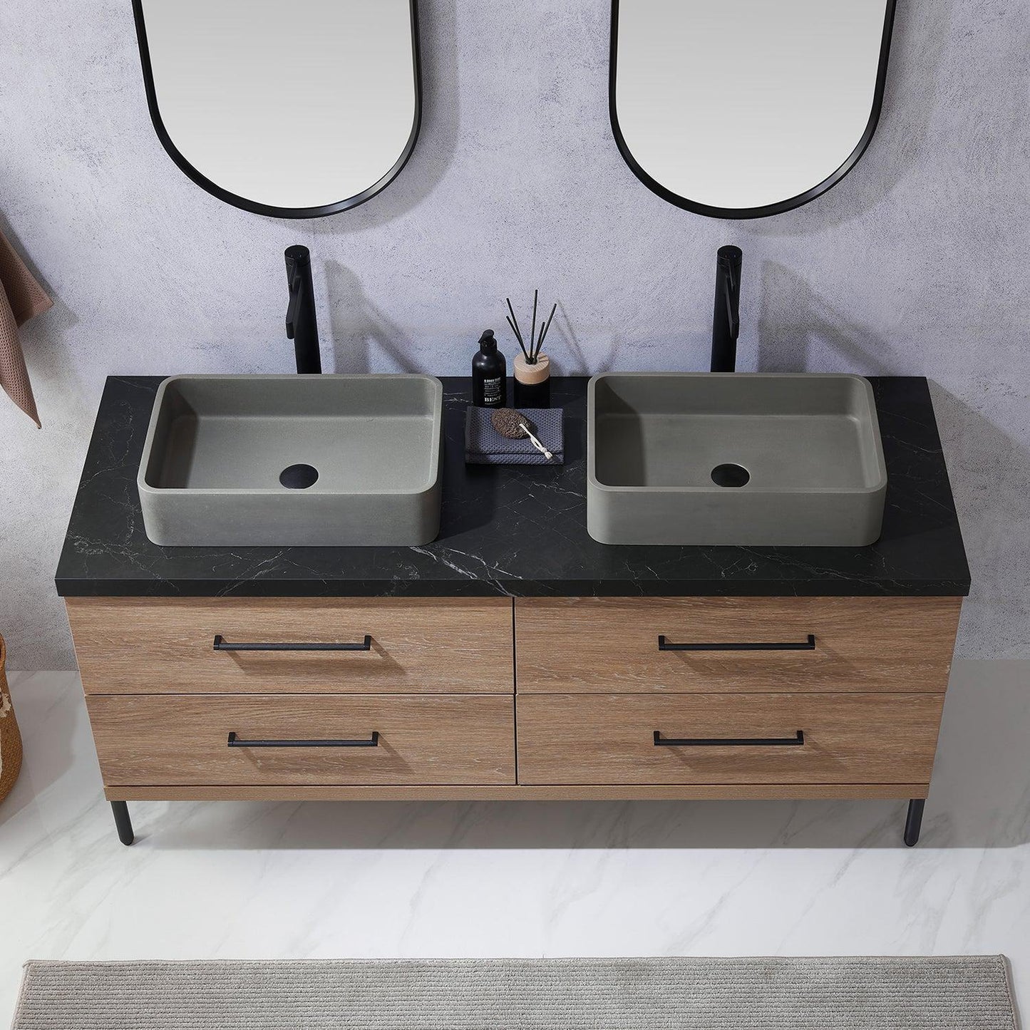 Vinnova Trento 60" Double Sink Bath Vanity In North American Oak With Black Sintered Stone Top With Rectangular Concrete Sink And Mirror