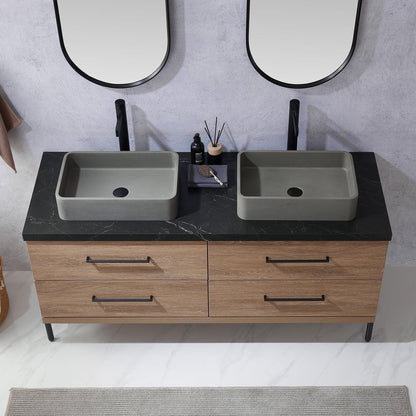 Vinnova Trento 60" Double Sink Bath Vanity In North American Oak With Black Sintered Stone Top With Rectangular Concrete Sink And Mirror