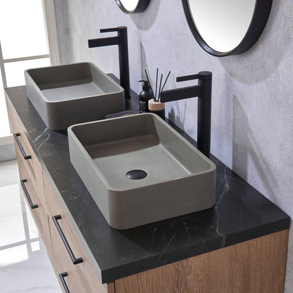 Vinnova Trento 60" Double Sink Bath Vanity In North American Oak With Black Sintered Stone Top With Rectangular Concrete Sink And Mirror