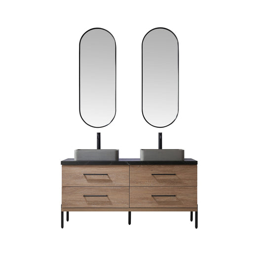 Vinnova Trento 60" Double Sink Bath Vanity In North American Oak With Black Sintered Stone Top With Rectangular Concrete Sink And Mirror