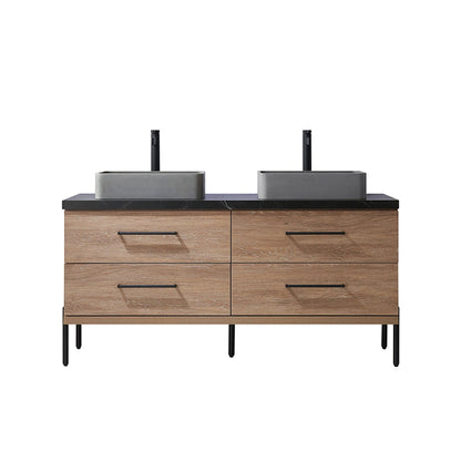 Vinnova Trento 60" Double Sink Bath Vanity In North American Oak With Black Sintered Stone Top With Rectangular Concrete Sink