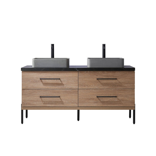 Vinnova Trento 60" Double Sink Bath Vanity In North American Oak With Black Sintered Stone Top With Rectangular Concrete Sink