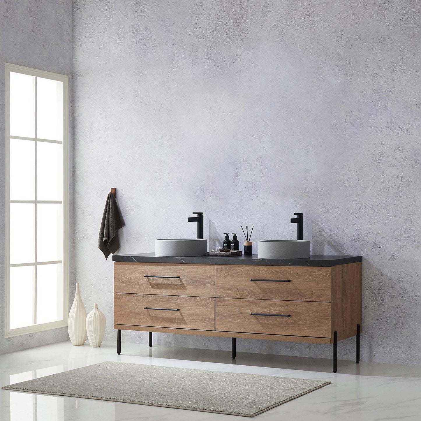 Vinnova Trento 72" Double Sink Bath Vanity In North American Oak With Black Sintered Stone Top With Circular Concrete Sink