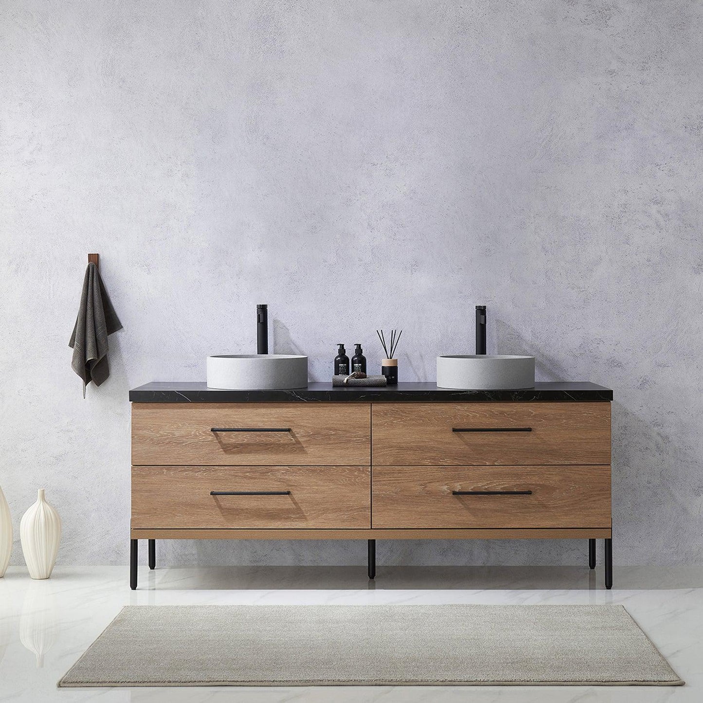 Vinnova Trento 72" Double Sink Bath Vanity In North American Oak With Black Sintered Stone Top With Circular Concrete Sink