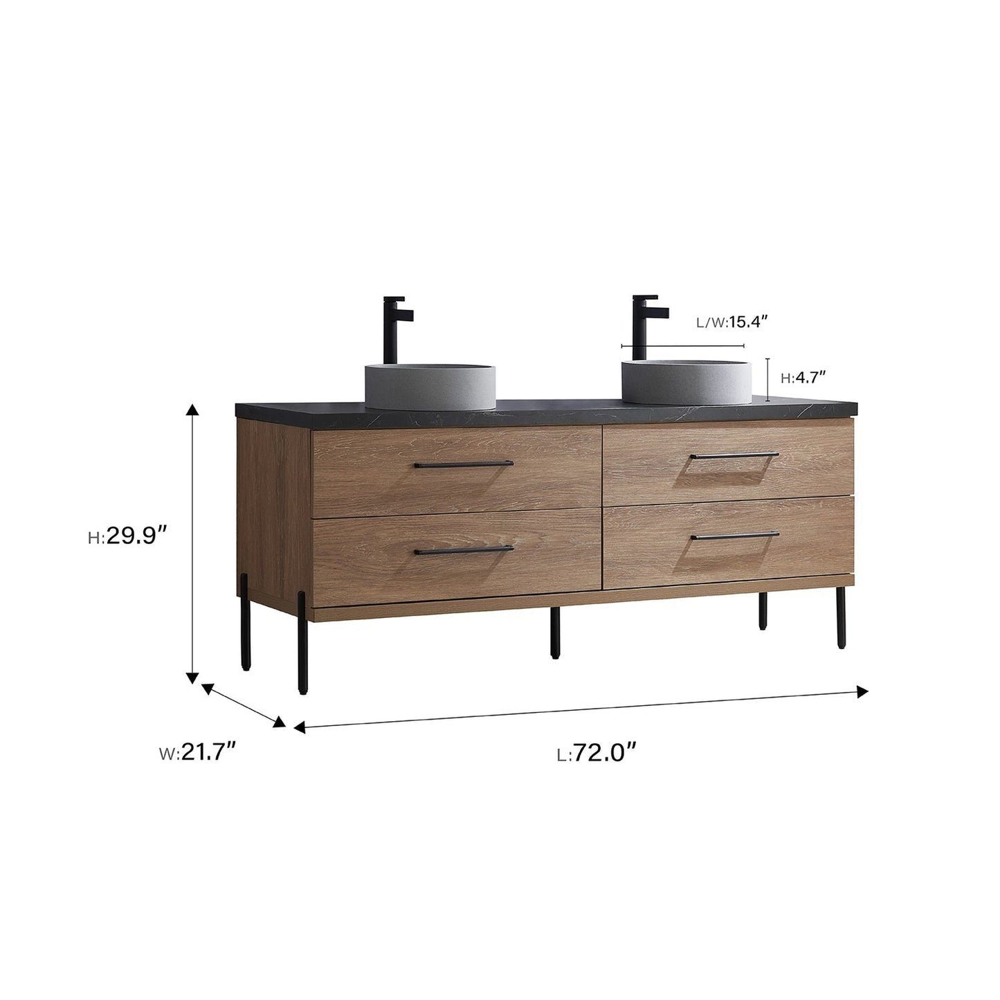 Vinnova Trento 72" Double Sink Bath Vanity In North American Oak With Black Sintered Stone Top With Circular Concrete Sink And Mirror