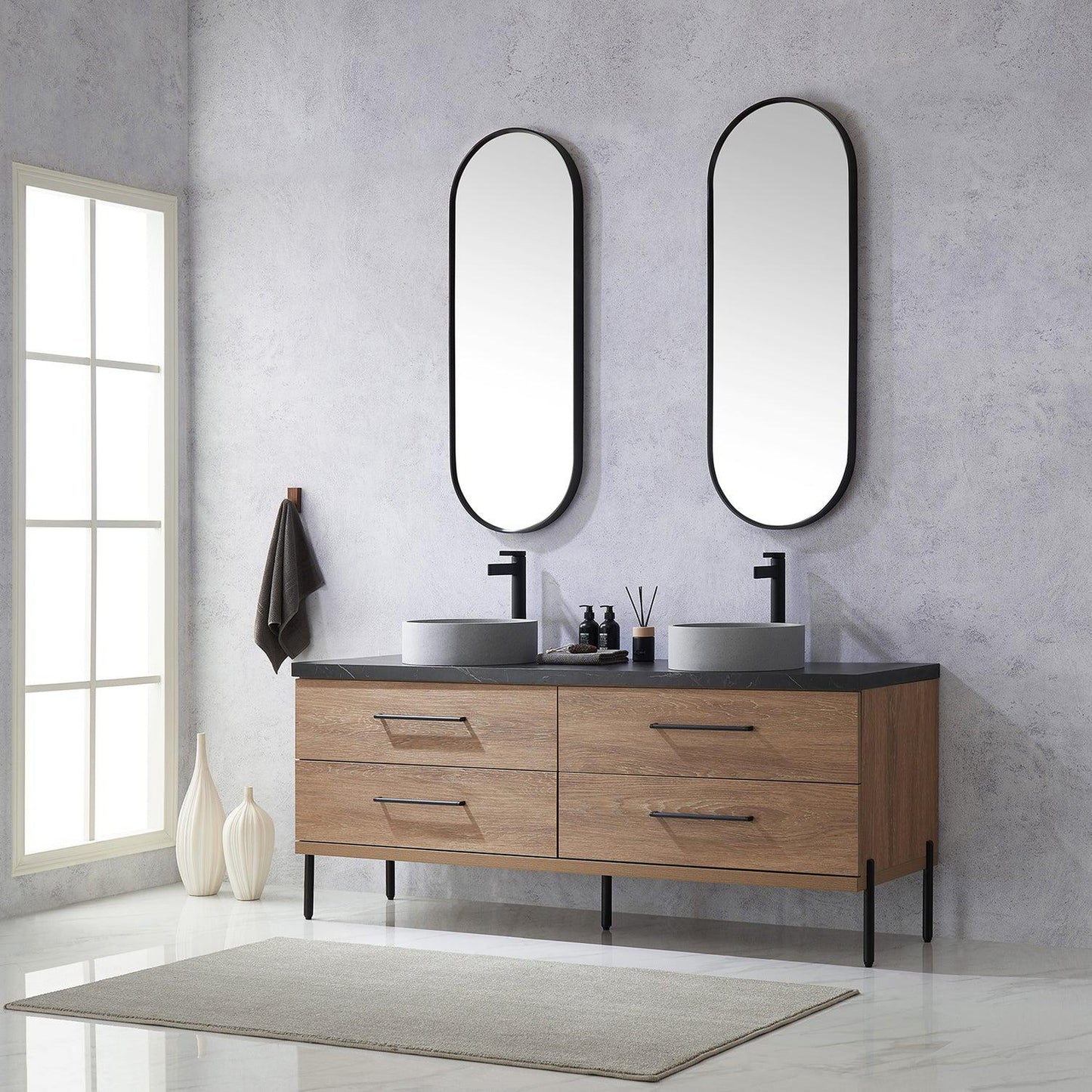 Vinnova Trento 72" Double Sink Bath Vanity In North American Oak With Black Sintered Stone Top With Circular Concrete Sink And Mirror