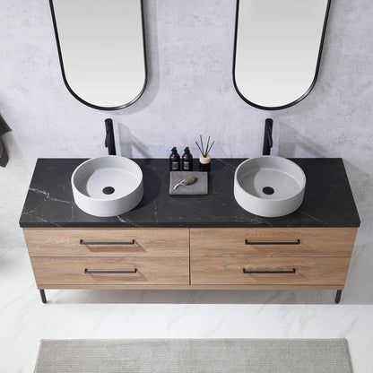 Vinnova Trento 72" Double Sink Bath Vanity In North American Oak With Black Sintered Stone Top With Circular Concrete Sink And Mirror