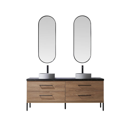 Vinnova Trento 72" Double Sink Bath Vanity In North American Oak With Black Sintered Stone Top With Circular Concrete Sink And Mirror