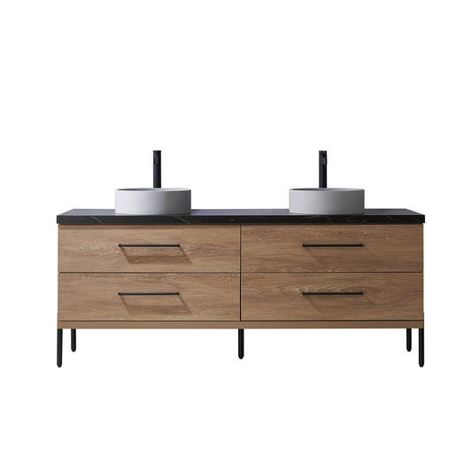 Vinnova Trento 72" Double Sink Bath Vanity In North American Oak With Black Sintered Stone Top With Circular Concrete Sink