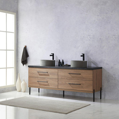 Vinnova Trento 72" Double Sink Bath Vanity In North American Oak With Black Sintered Stone Top With Natural Circular Concrete Sink