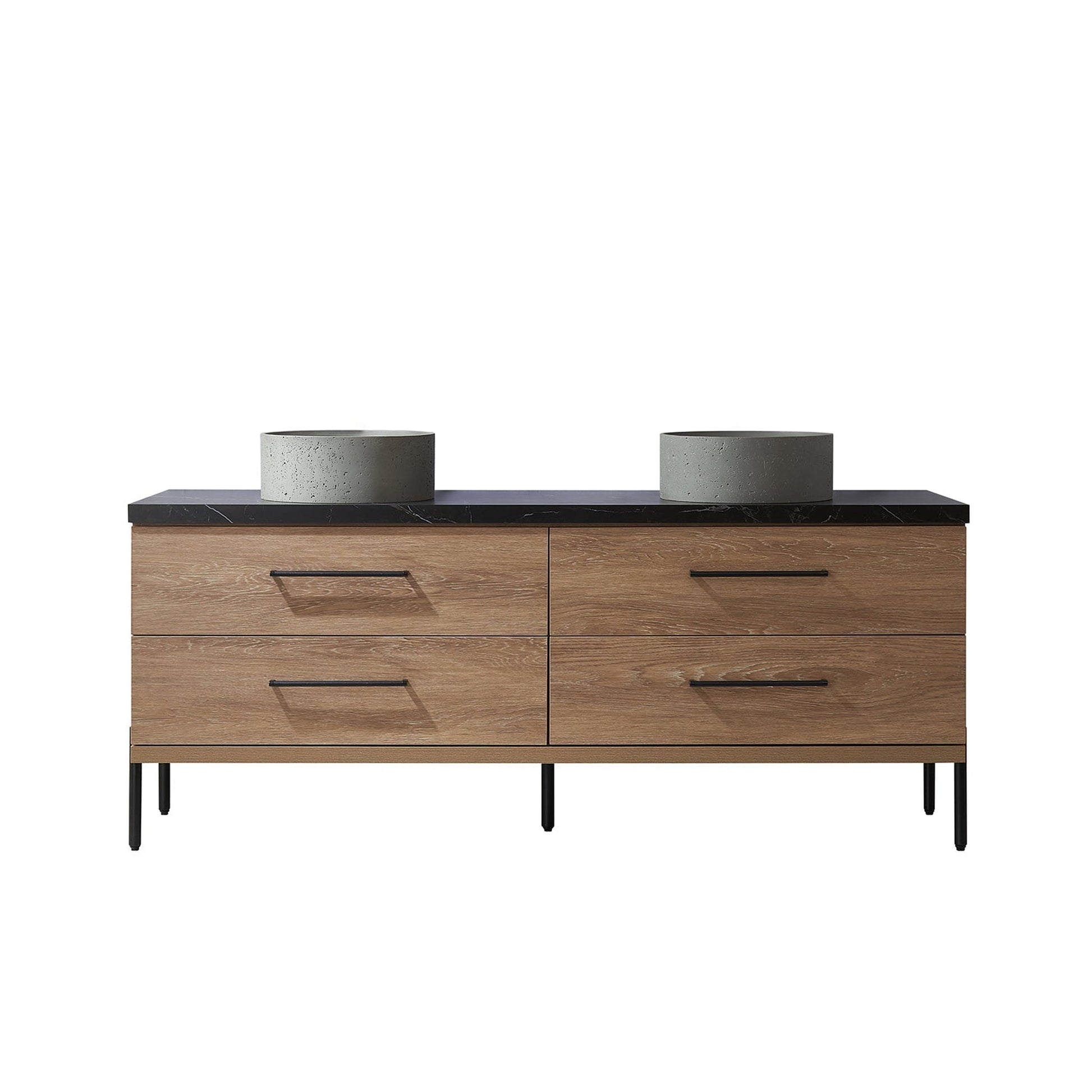 Vinnova Trento 72" Double Sink Bath Vanity In North American Oak With Black Sintered Stone Top With Natural Circular Concrete Sink