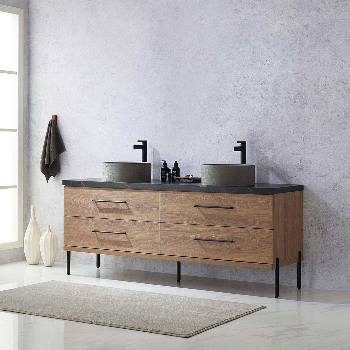 Vinnova Trento 72" Double Sink Bath Vanity In North American Oak With Black Sintered Stone Top With Natural Circular Concrete Sink