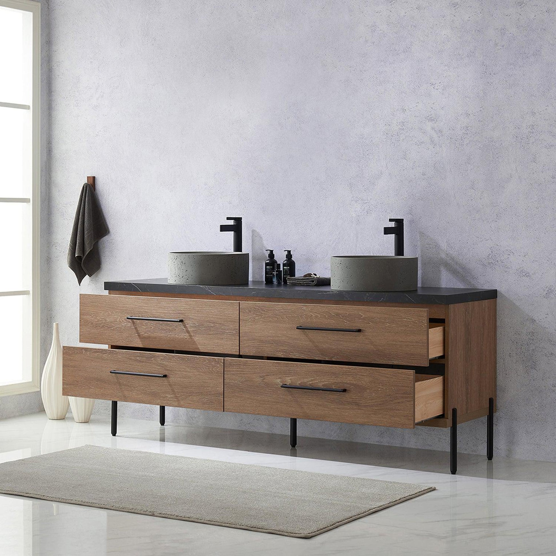 Vinnova Trento 72" Double Sink Bath Vanity In North American Oak With Black Sintered Stone Top With Natural Circular Concrete Sink