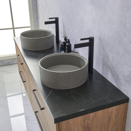 Vinnova Trento 72" Double Sink Bath Vanity In North American Oak With Black Sintered Stone Top With Natural Circular Concrete Sink