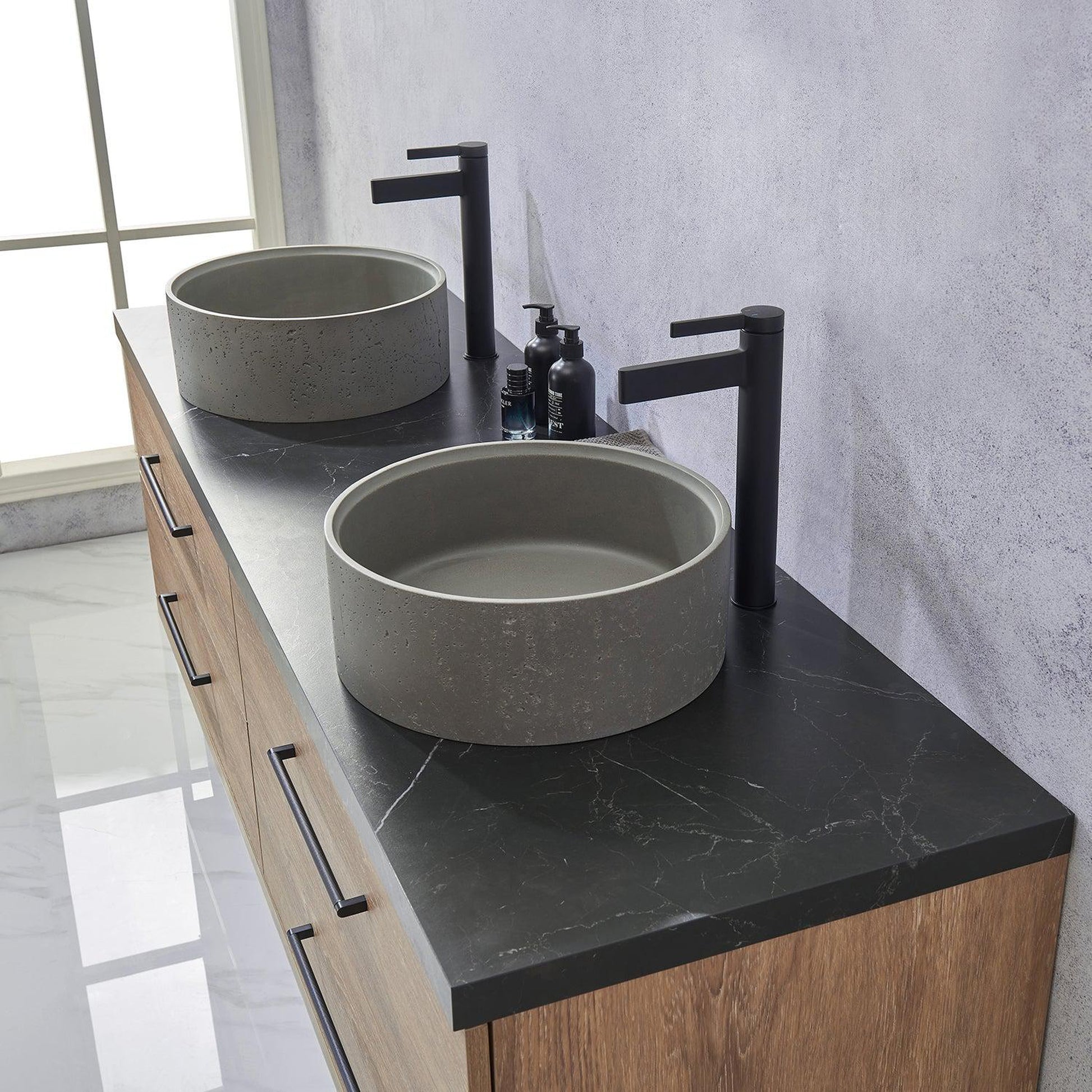 Vinnova Trento 72" Double Sink Bath Vanity In North American Oak With Black Sintered Stone Top With Natural Circular Concrete Sink