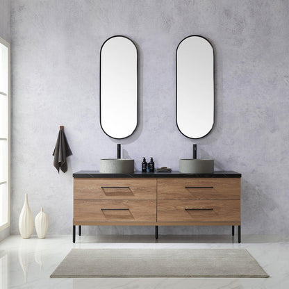 Vinnova Trento 72" Double Sink Bath Vanity In North American Oak With Black Sintered Stone Top With Natural Circular Concrete Sink And Mirror