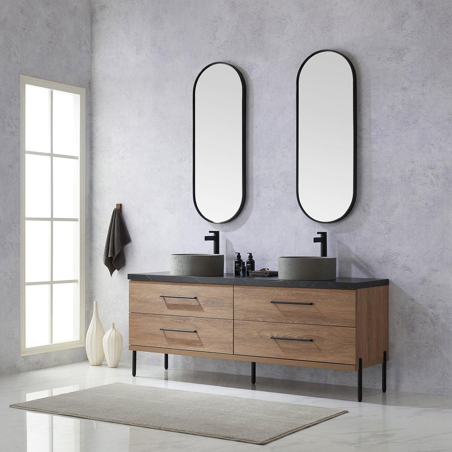 Vinnova Trento 72" Double Sink Bath Vanity In North American Oak With Black Sintered Stone Top With Natural Circular Concrete Sink And Mirror