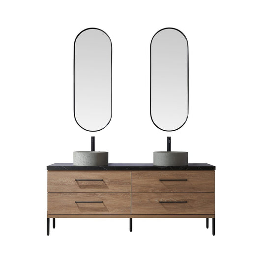 Vinnova Trento 72" Double Sink Bath Vanity In North American Oak With Black Sintered Stone Top With Natural Circular Concrete Sink And Mirror