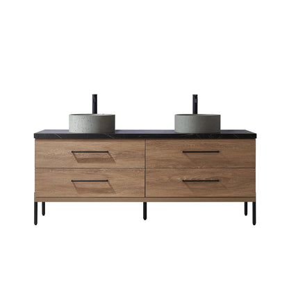 Vinnova Trento 72" Double Sink Bath Vanity In North American Oak With Black Sintered Stone Top With Natural Circular Concrete Sink