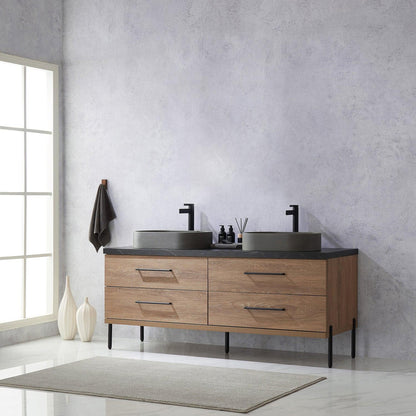 Vinnova Trento 72" Double Sink Bath Vanity In North American Oak With Black Sintered Stone Top With Oval Concrete Sink