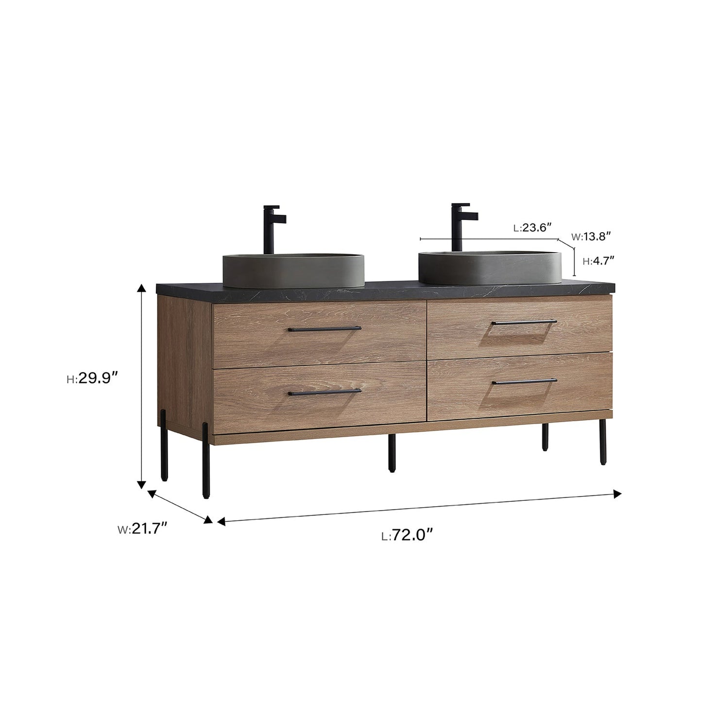 Vinnova Trento 72" Double Sink Bath Vanity In North American Oak With Black Sintered Stone Top With Oval Concrete Sink