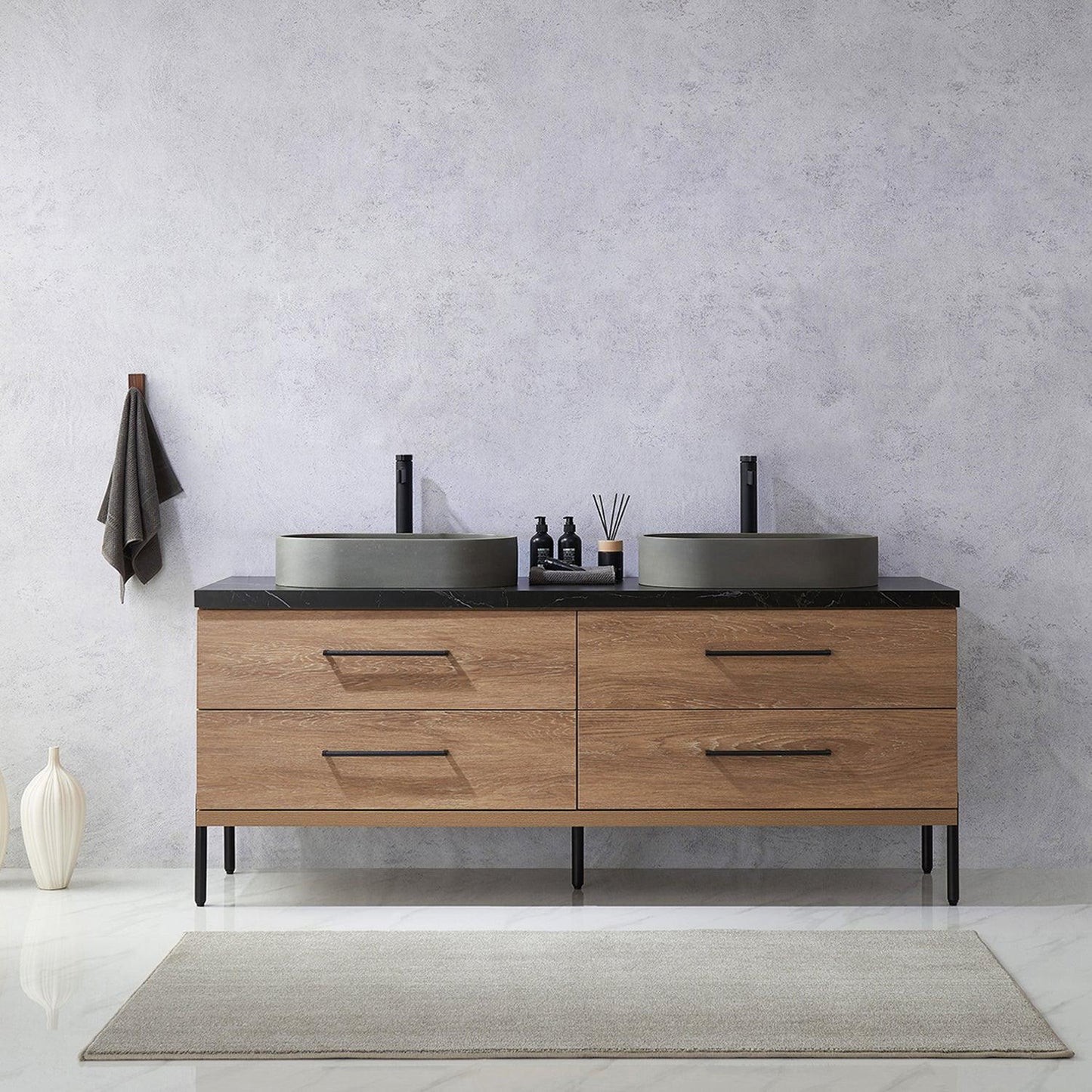 Vinnova Trento 72" Double Sink Bath Vanity In North American Oak With Black Sintered Stone Top With Oval Concrete Sink