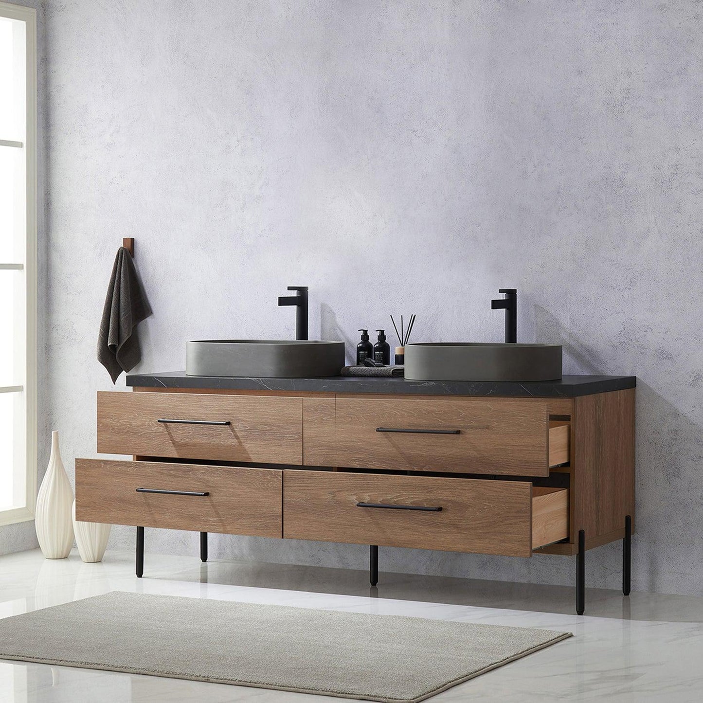 Vinnova Trento 72" Double Sink Bath Vanity In North American Oak With Black Sintered Stone Top With Oval Concrete Sink