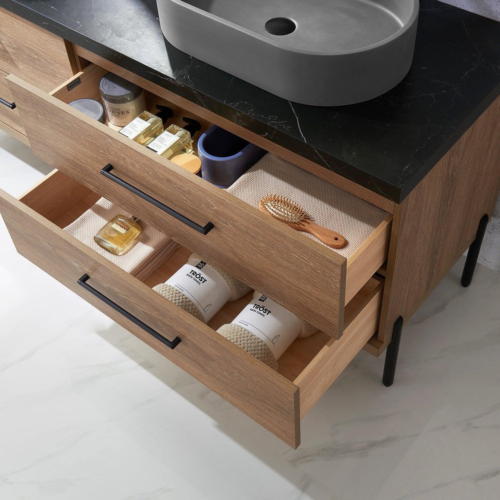 Vinnova Trento 72" Double Sink Bath Vanity In North American Oak With Black Sintered Stone Top With Oval Concrete Sink