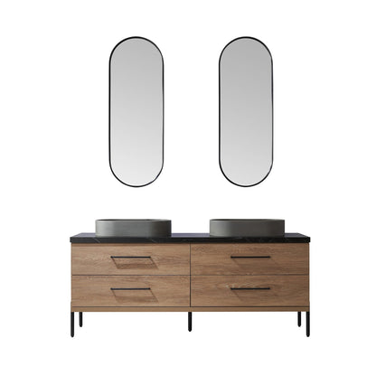 Vinnova Trento 72" Double Sink Bath Vanity In North American Oak With Black Sintered Stone Top With Oval Concrete Sink And Mirror