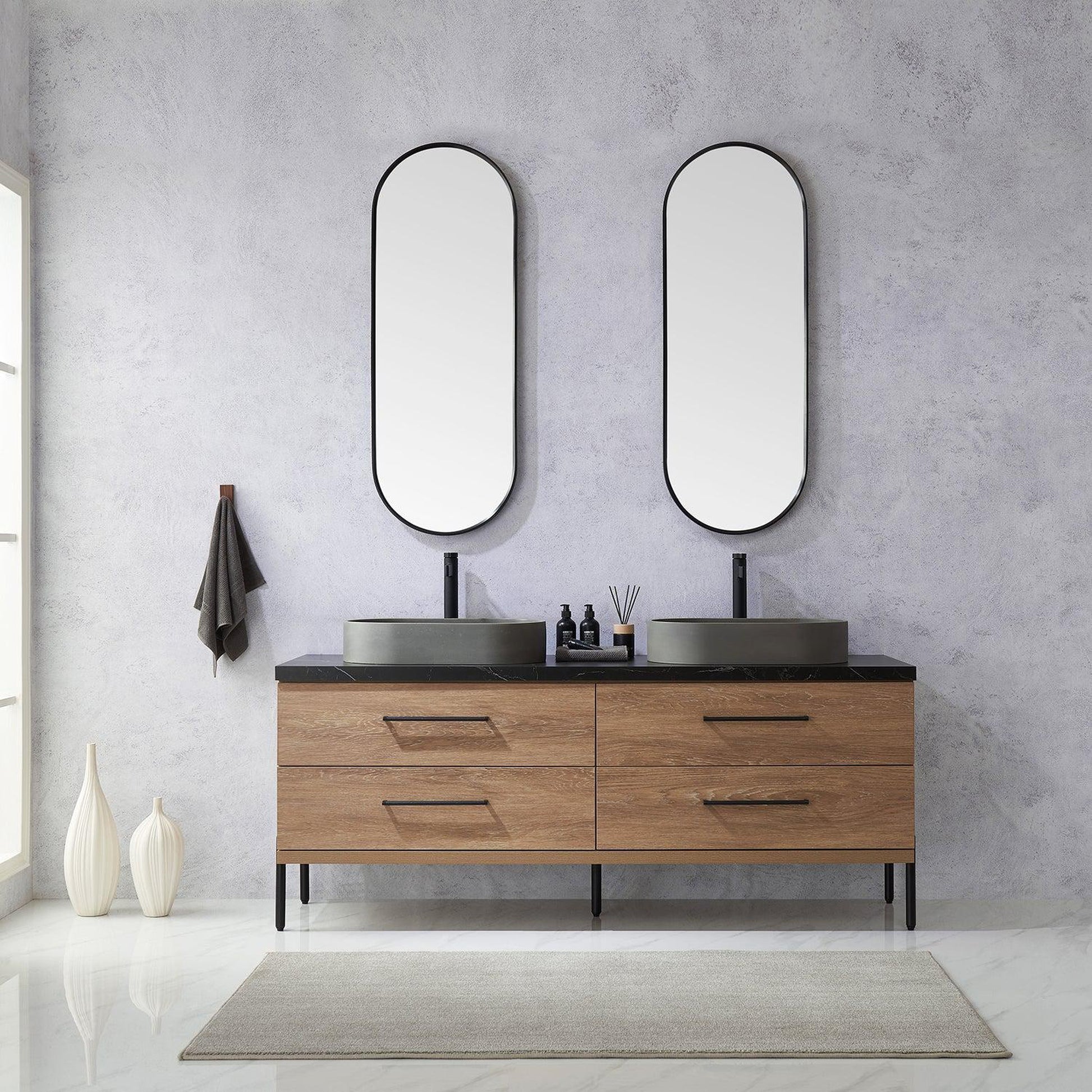 Vinnova Trento 72" Double Sink Bath Vanity In North American Oak With Black Sintered Stone Top With Oval Concrete Sink And Mirror