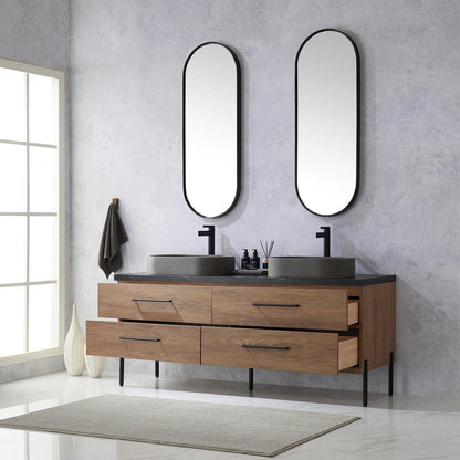 Vinnova Trento 72" Double Sink Bath Vanity In North American Oak With Black Sintered Stone Top With Oval Concrete Sink And Mirror