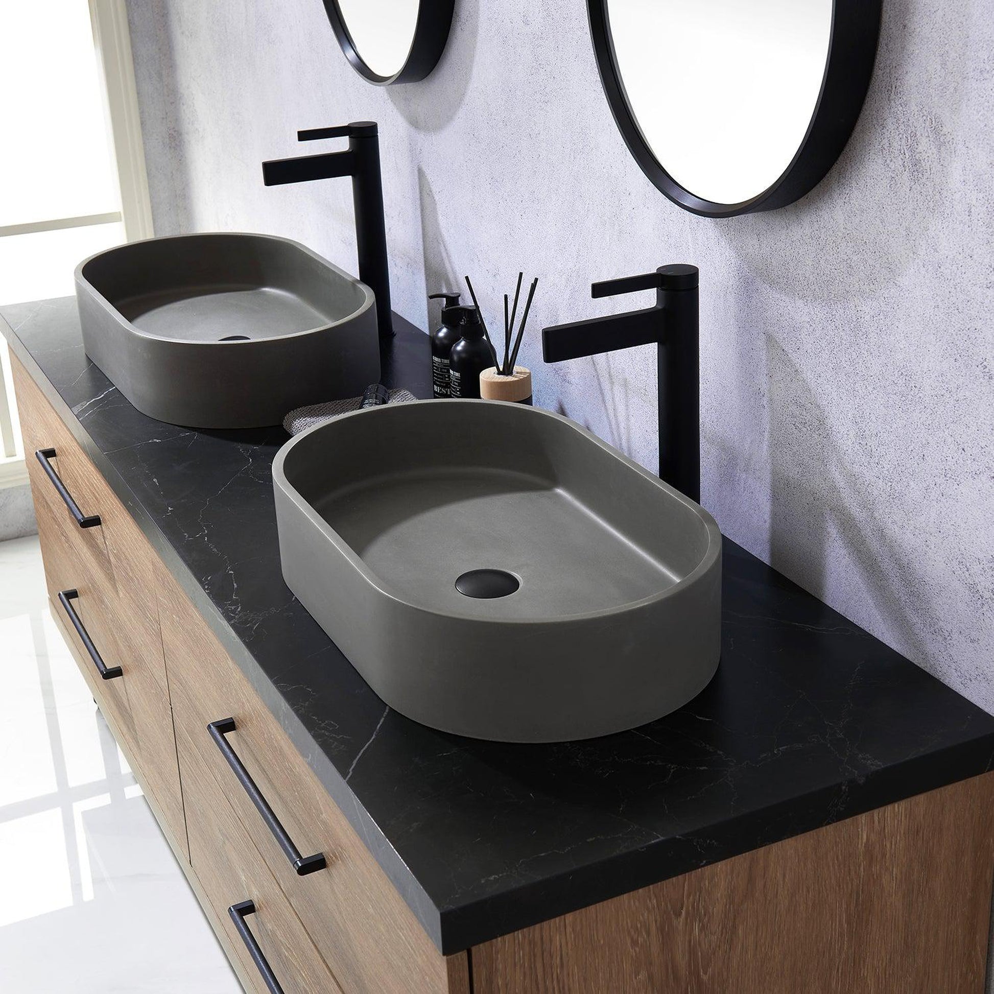 Vinnova Trento 72" Double Sink Bath Vanity In North American Oak With Black Sintered Stone Top With Oval Concrete Sink And Mirror